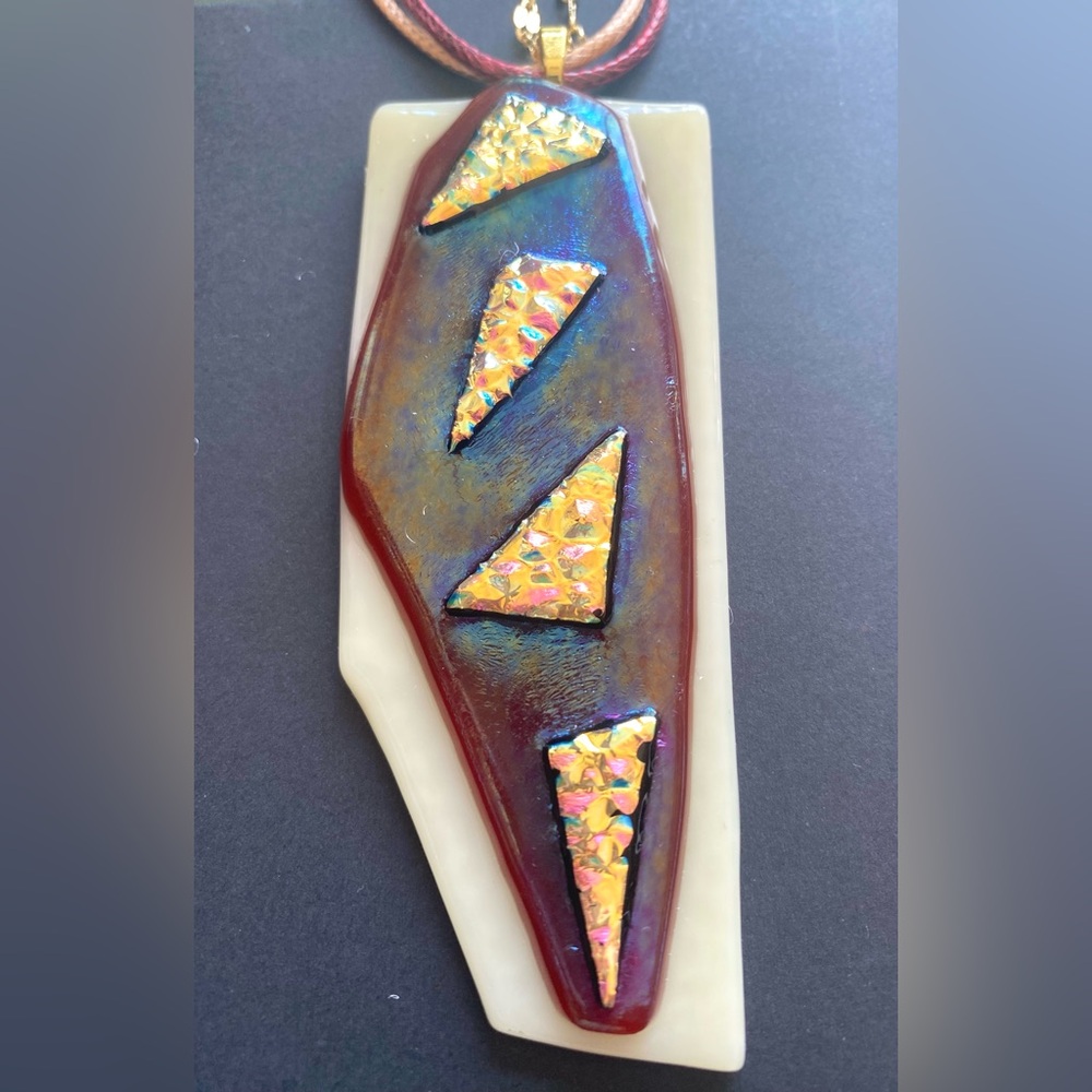 Artisan Bold Abstract Fused and Dichroic Glass Handmade Art Pendant Necklace.